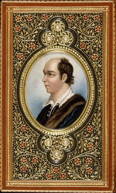 Ovales Miniaturporträt von Oliver Goldsmith, gerahmt mit vergoldeten Kleeblättern und drei Perlen, 1831 von Italian School