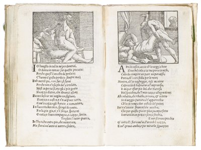 Seite aus "Sonetti Lussuriosi" von Pietro Aretino, illustriert von Giulio Romano und graviert von Marcantonio Raimondi, veröffentlicht in Venedig, ca. 1527 von Italian School