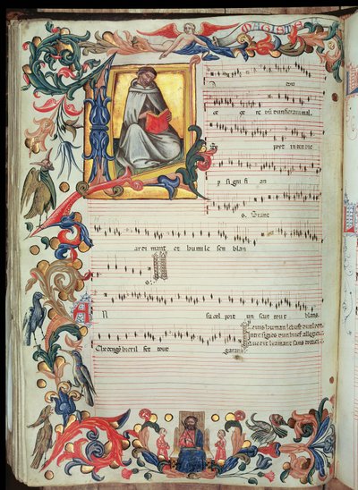 Seite mit musikalischer Notation und historisiertem Initial, aus dem Squarcialupi-Codex, produziert im Florentiner Kloster S. Maria degli Angeli von Italian School