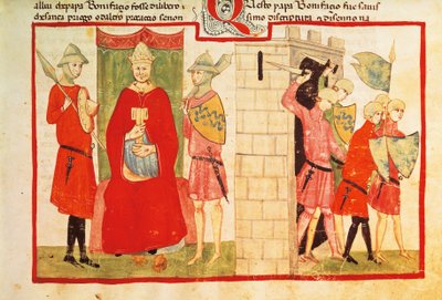 Papst Bonifatius VIII. in Anagni und die Vertreibung von Sciarra Colonna (Giacomo Colonna) aus der Stadt, Miniatur aus der Chronik von Giovanni Villani, Manuskript Chigi L VIII 296 folio 176 recto, Italien, 14. Jahrhundert von Italian School