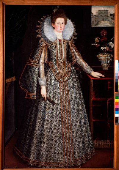 Porträt einer Dame des florentinischen Adels mit einer Darstellung des Pitti-Palastes im Hintergrund von Italian School