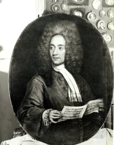 Porträt des Komponisten Tomaso Giovanni Albinoni (1671-1751) mit einer Musikpartitur von Italian School