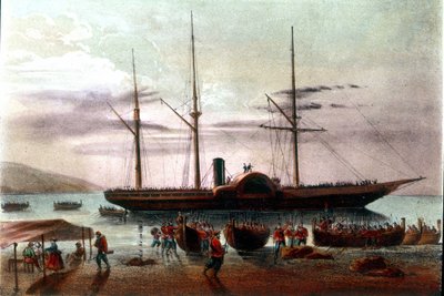 Risorgimento: die Abreise am 8.08.1860 von Giuseppe Missori, Offizier der Armee von Giuseppe Garibaldi (1807-1882), in der Meerenge von Messina in Richtung Fort von Villa San Giovanni. Illustration des 19. Jahrhunderts von Italian School