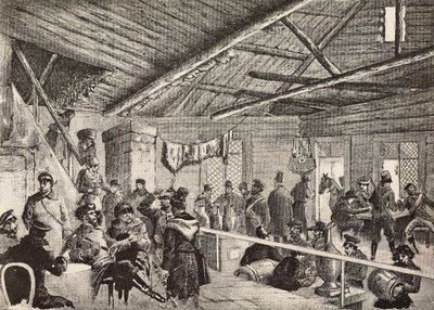Russische Soldaten in einer Taverne nahe den Befestigungen von Warschau, Polen, Gravur nach Skizze von Fritzmann, aus L