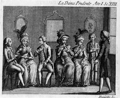 Szene 13 aus Akt I des Lustspiels „La dama prudente“ (Die kluge Frau) (1751) von Carlo Goldoni. Gravur aus dem 18. Jahrhundert von Italian School