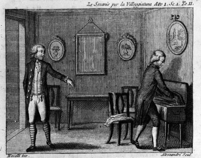 Szene 1 des ersten Akts des Lustspiels „Le smanie per la villeggiatura“ (La ville) (1761) von Carlo Goldoni (1707-1793). Gravur des 18. Jahrhunderts von Italian School