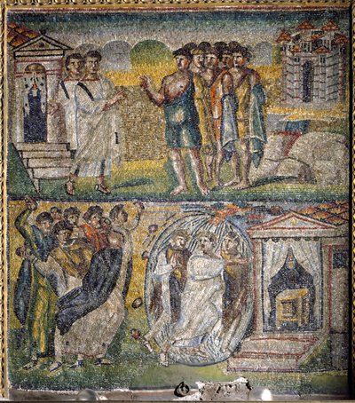 Szenen aus dem Leben des Moses: die Rückkehr der zwölf Spione, die Moses ins gelobte Land gesandt hatte, versuchter Steinigung von Moses (Mosaik) von Italian School