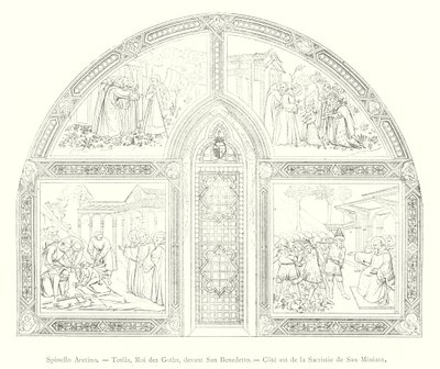 Spinello Aretino, Totila, König der Goten, vor San Benedetto, Ostseite der Sakristei von San Miniato (Gravur) von Italian School