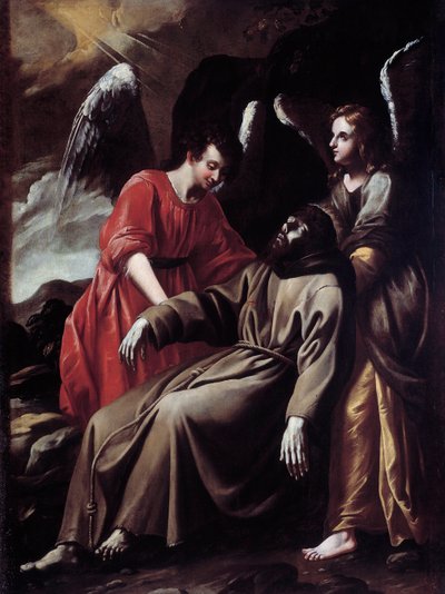 Der heilige Franz von Assisi wird von Engeln getröstet, nachdem er die Stigmata erhalten hat von Italian School