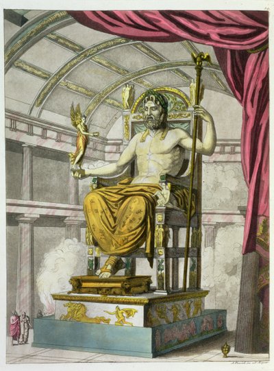 Statue des Jupiter in einem Tempel, aus Costumi dei Romani, graviert von Angelo Biasioli (1790-1830), ca. 1805-20 (Aquatinta) von Italian School