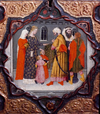 Zehnter Tag, neunte Geschichte: Der Tag von Messer Torello und Saladin. Bemalte Kiste, die das „Decameron“ von Giovanni Boccaccio illustriert von Italian School