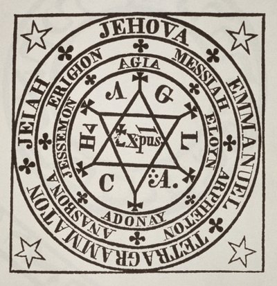 Der große magische Kreis von Agrippa zur Beschwörung von Dämonen, Kopie einer Illustration aus Les Oevres Magiques de Henri Corneille Agrippa, Rom 1744, verwendet in einer Geschichte der Magie, veröffentlicht im späten 19. Jahrhundert von Italian School