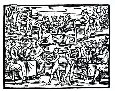Der Hexensabbat, Kopie einer Illustration aus Compendium Maleticarum von Fr M Guaccius, Mailand 1608, verwendet in Geschichte der Magie, veröffentlicht Ende des 19. Jahrhunderts von Italian School