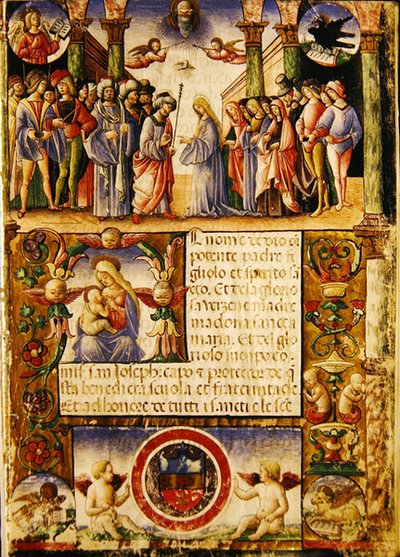Die Verlobung der Jungfrau, aus einer Mariegola der Laiengilde von St. Joseph und St. Sylvester, 1315 von Italian School