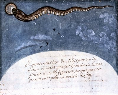 Die Mondfinsternis, vorgestellt von den Mogul-Indianern (eine Schlange, die den Mond verschlingt). Seite aus dem Manuskript (ms.8300) „Geschichte der Mogul“ von Stefano Nivibus Cardeira. 18. Jahrhundert. Biblioteca Marciana, Venedig von Italian School
