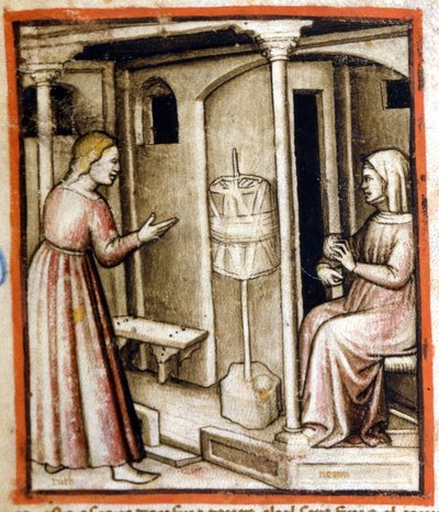 Das Spinnen von Wolle im 14. Jahrhundert. Miniatur aus Codex 212 (oder Padovano Codice oder Bibel von Padua) 1390-1400. Rovigo, Accademia dei Concordi von Italian School