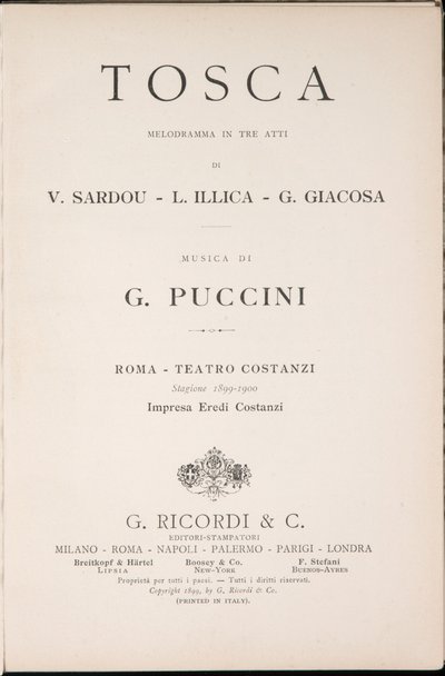 Titelseite, Libretto della Tosca, Edizione Ricordi, Italien von Italian School