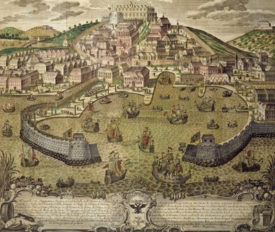 Stadt Triest und ihr Freihafen, farbige Gravur, Italien von Italian School