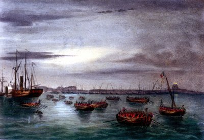 Einheit Italiens: Die Expedition der Tausend oder Rothemden unter der Führung von Giuseppe Garibaldi (1807-1882). Abfahrt der ersten Flotte der Garibaldi-Armee vom Leuchtturm von Messina in Sizilien nach Kalabrien. Lithographie aus dem 19. Jahrhundert. von Italian School