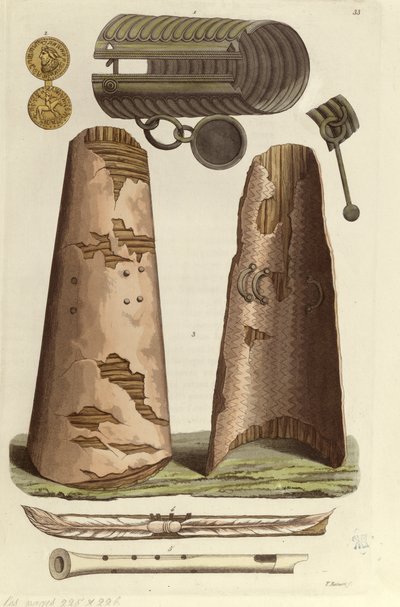 Verschiedene Wikingerartefakte: Bronzearmband, goldene Medaille mit Runenalphabet, Schilde, Flöten. Illustration von V. Raineri aus 