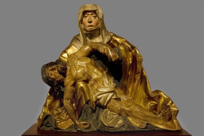 Jungfrau der Barmherzigkeit zu Christus, der um 1510-1520 starb, Region Südtirol, Skulptur der Predelle in bemaltem und vergoldetem Holz, aufbewahrt im Musee Bonnat de Bayonne. Selva-Fotografie, 2008 von Italian School