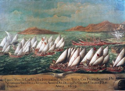 Krieg von Candia (Kreta): Die venezianische Flotte während der Kampagne von Doge Francesco Morosini gegen die Türken im Jahr 1659. Gemälde der venezianischen Schule, 17. Jahrhundert von Italian School