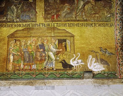 Während seine Familie darauf wartet, an Bord zu gehen, hilft Noah den Tieren, die Arche zu betreten von Italian School