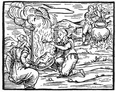 Hexen braten und kochen Säuglinge, Kopie einer Illustration aus Compendium Maleticarum von Fr M Guaccius, Mailand 1608, verwendet in Geschichte der Magie, veröffentlicht Ende des 19. Jahrhunderts von Italian School