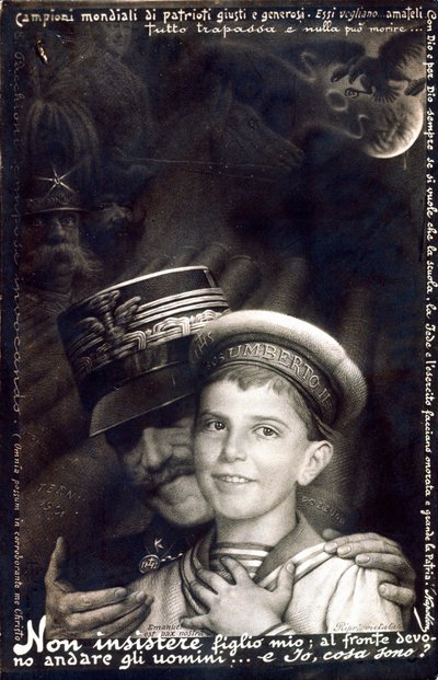 Erster Weltkrieg: Militärische Einmischung in der italienischen Armee: Viktor Emanuel III. hält Prinz Umberto (Druckkarte) von Italian School