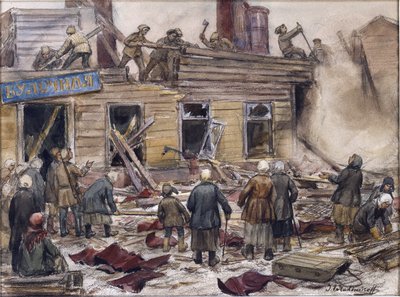 Arbeiter, die Holzhäuser zum Heizen abreißen von Vladimirov, Ivan Alexeyevich (1869-1947) von Ivan Alexeyevich Vladimirov