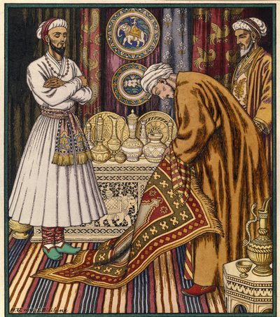 Der Prinz Ali kauft einen fliegenden Teppich von Ivan Yakovlevich Bilibin