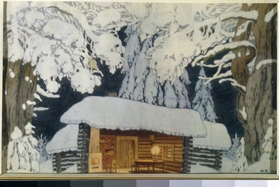 Holzhaus im verschneiten Wald. Bühnenbild für das Theaterstück "Der Kommandant Suworow" von Ivan Yakovlevich Bilibin