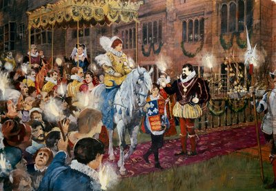 Robert Dudley begrüßt Königin Elizabeth I. auf Schloss Kenilworth, Warwickshire, Juli 1575, ca. 2000er von Ivan Lapper