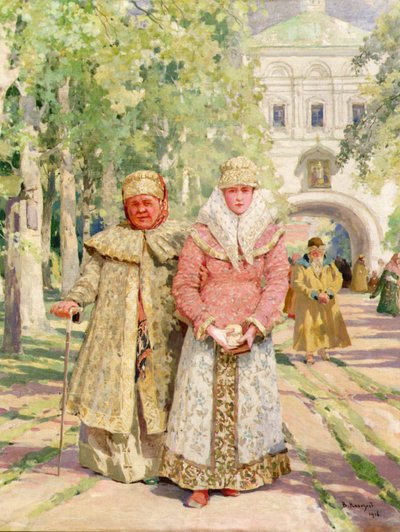 Mutter und Tochter kehren von der Kirche zurück von Ivanovich Vasili Navazov