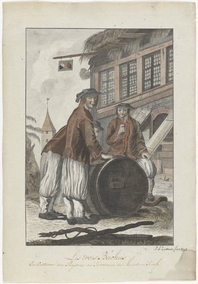 Drei Männer in Schweizer Kleidung vor einem Haus von J.A. Zoutman