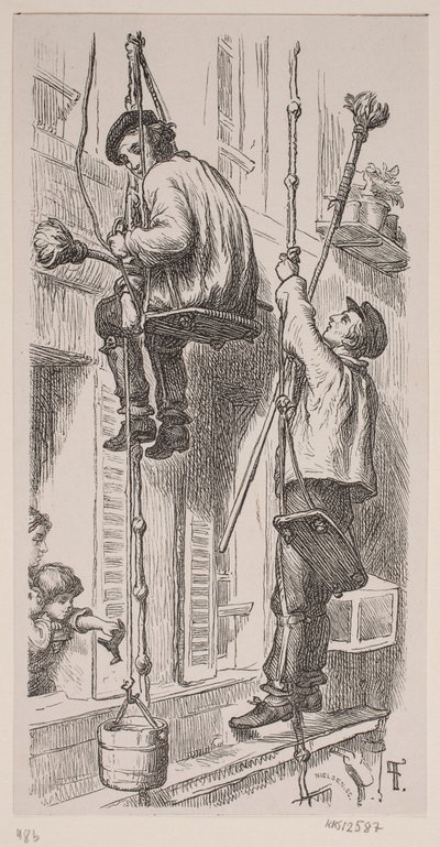 Maurer bei der Arbeit an der Außenseite eines Hauses in Paris von J.C. Nielsen