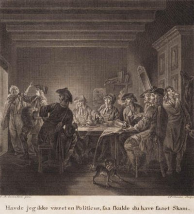 Der politische Kesselflicker. „Hätte ich kein Politiker gewesen, dann hättest du Schande bekommen.“ Gravur nach Lorentzens Holberg Galerie. von J.F. Clemens