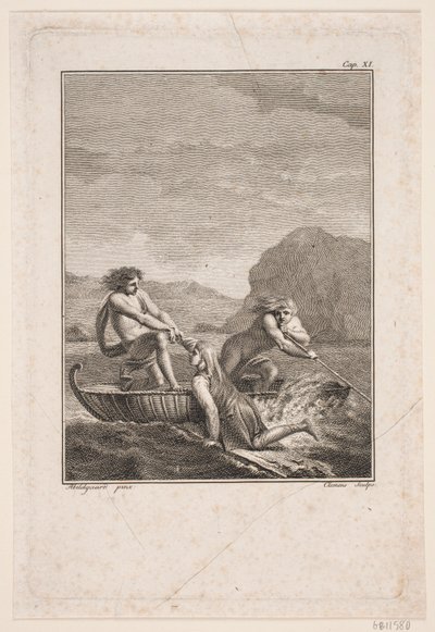 Der schiffbrüchige Niels Klim wird von zwei Qvamiten in einem Weidenboot gerettet von J.F. Clemens