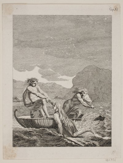 Der gestrandete Niels Klim wird von zwei Qvamiten in einem Weidenboot gerettet von J.F. Clemens