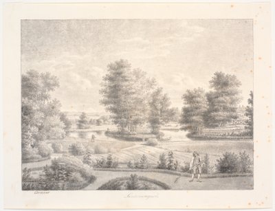 Sanderumgaards Garten mit bewaldeter Insel. Im Vordergrund ein Mann mit Rechen von J.F. Clemens