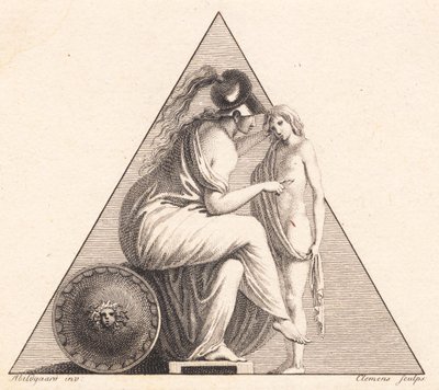 Vignette, die Pallas Athene darstellt, die einem jungen Mann das Leben schenkt von J.F. Clemens