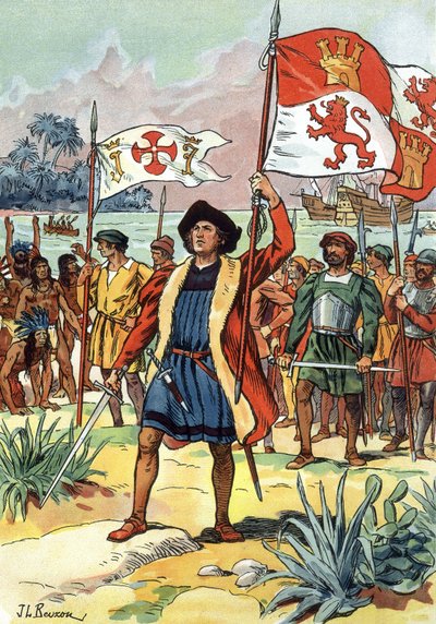 1492: Christoph Kolumbus landet in Amerika mit spanischer Flagge von J.L Beuzon (fl.1880 1940)