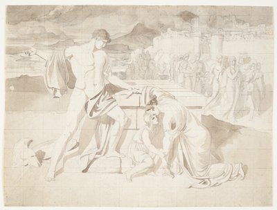 Andromache und der Sohn Astyanax zusammen mit Pyrrhus am Sarkophag von Hector von J.L. Lund