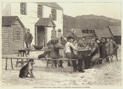 Schottische Freiwillige zu Hause, nach dem Abendessen auf einer Schaffarm in der Nähe des Spitals von Glenshee von J.M.L. Ralston