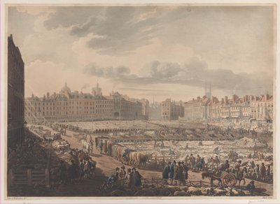 Vogelperspektive des Smithfield-Marktes, aufgenommen vom Bear & Ragged Staff, 1. Januar 1811 von J. Bluck
