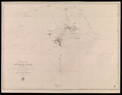 Karte der Seychellen-Inseln von den Offizieren der H.M. Schiffe Leven und Barracouta unter der Leitung von Kapitän W.F.W. Owen R.N. 1825 von J. & C. Walker