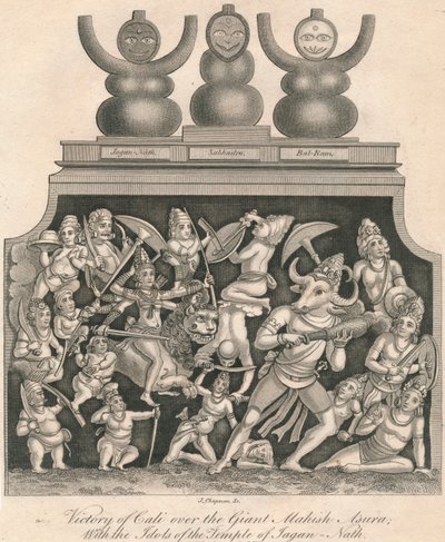 Sieg von Kali über den Riesen Mahish Asura, mit den Idolen des Tempels von Jagan-Nath von J. Chapman