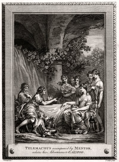 Telemachus, begleitet von Mentor, erzählt seine Abenteuer Calypso, 1774 von J. Collyer