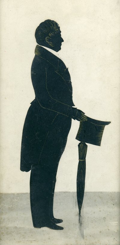 Silhouette eines Mannes mit Zylinder, Gehrock und Regenschirm von J. Gapp