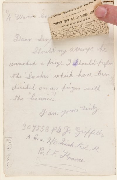 Brief an den Wettbewerbsredakteur des Liverpool Weekly Courier, 1917 von J. Griffiths